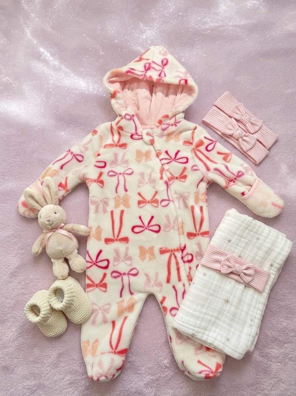 Baby Plush Hooded Fuzzy Warm One-Piece Bodysuit/ footies in Pink Bow Print